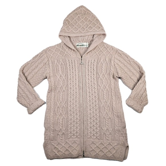Aran Crafts Sweaters - Aran Crafts Irish Wool Cable Knit Full Zip Cardigan Hoodie Womens XS Toupe Long
